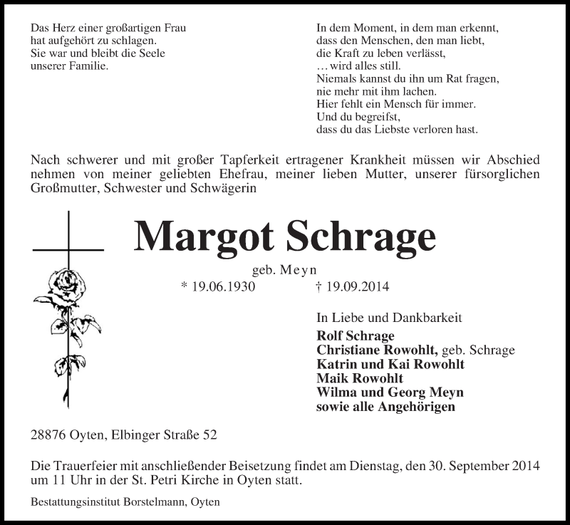  Traueranzeige für Margot Schrage vom 24.09.2014 aus WESER-KURIER