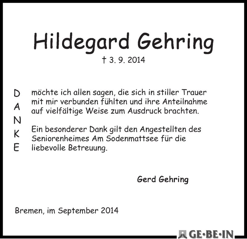 Traueranzeige von Hildegard Gehring von WESER-KURIER