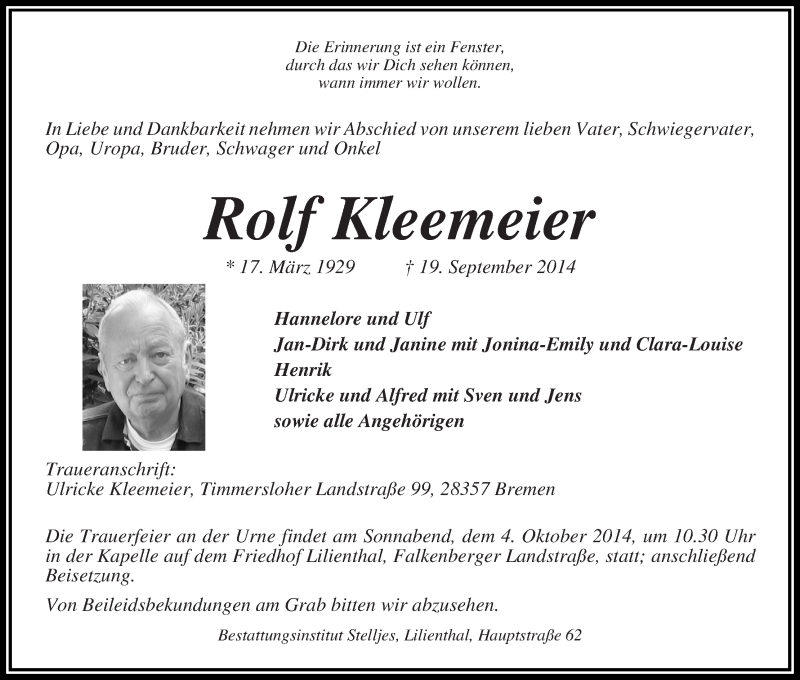  Traueranzeige für Rolf Kleemeier vom 24.09.2014 aus Wuemme Zeitung