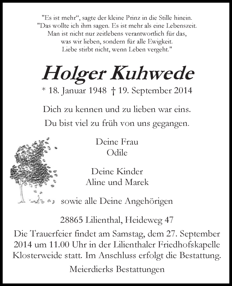  Traueranzeige für Holger Kuhwede vom 24.09.2014 aus WESER-KURIER