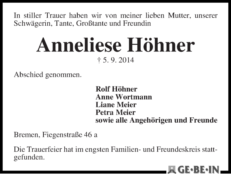 Traueranzeige von Anneliese Höhner von WESER-KURIER