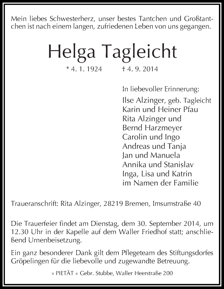 Traueranzeige von Helga Tagleicht von WESER-KURIER