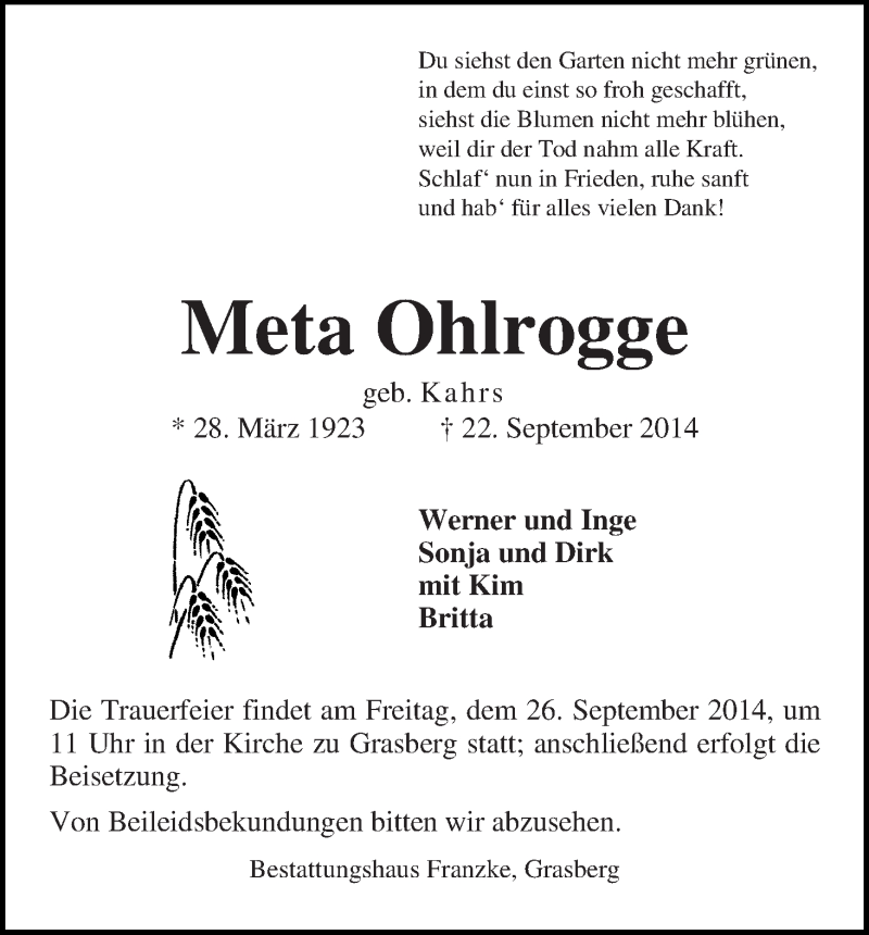 Traueranzeige von Meta Ohlrogge von Wuemme Zeitung