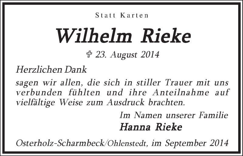Traueranzeige von Wilhelm Rieke von Osterholzer Kreisblatt