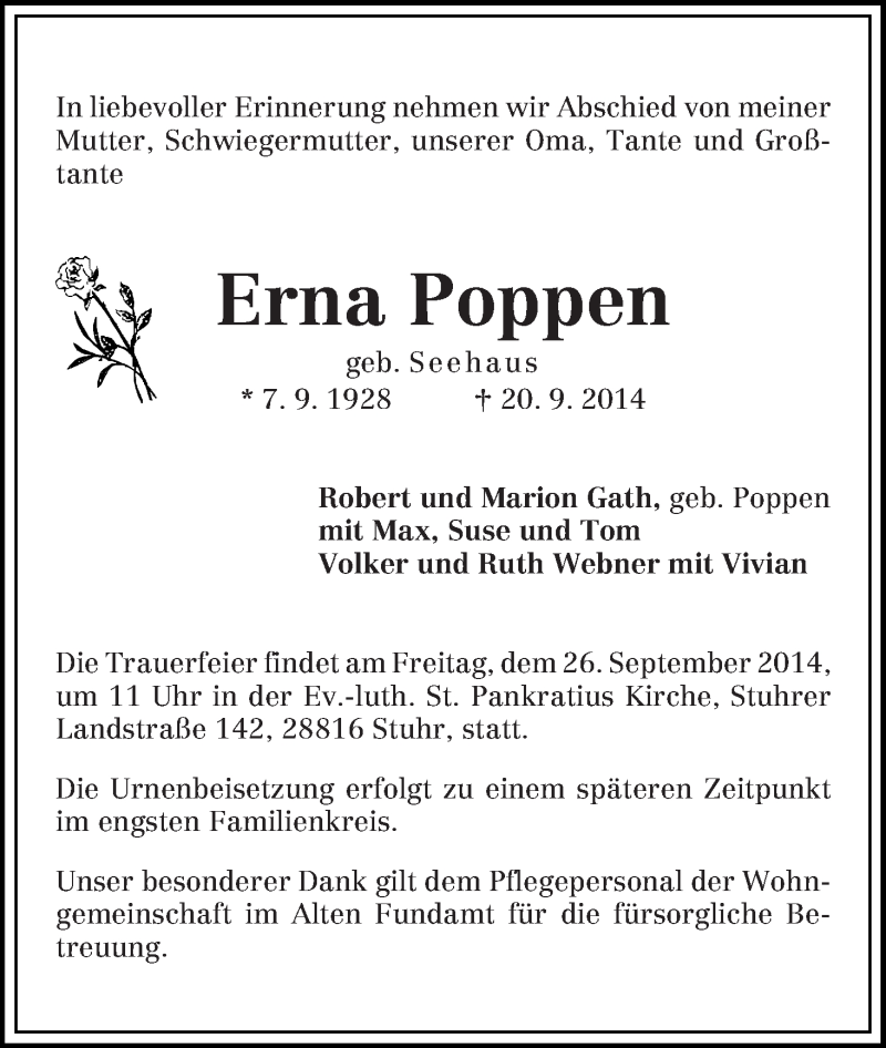 Traueranzeige von Erna Poppen von WESER-KURIER