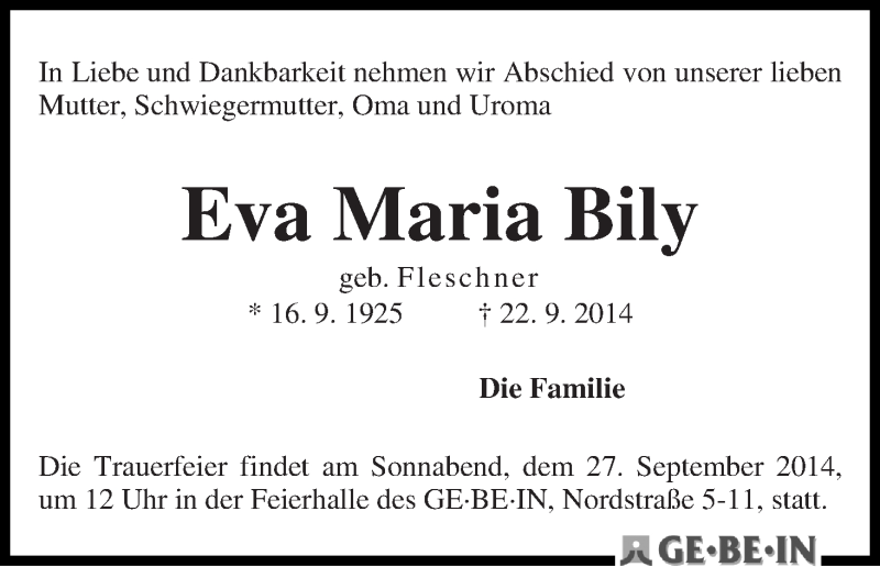  Traueranzeige für Eva Maria Bily vom 24.09.2014 aus WESER-KURIER