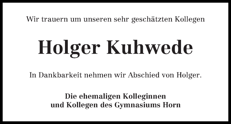  Traueranzeige für Holger Kuhwede vom 24.09.2014 aus WESER-KURIER