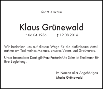 Traueranzeige von Klaus Grünewald