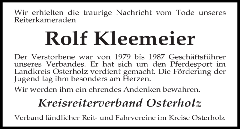  Traueranzeige für Rolf Kleemeier vom 25.09.2014 aus Osterholzer Kreisblatt
