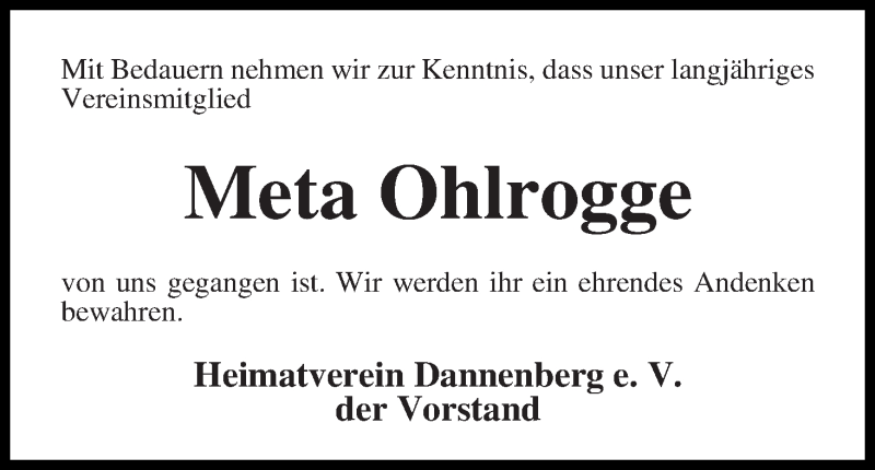 Traueranzeige von Meta Ohlrogge von Wuemme Zeitung