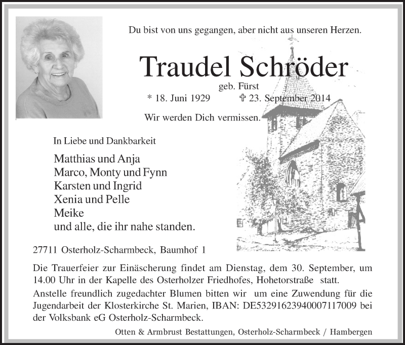 Traueranzeige von Traudel Schröder von Osterholzer Kreisblatt