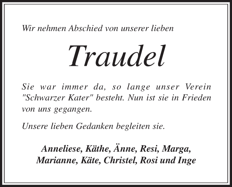 Traueranzeige von Traudel Schröder von Osterholzer Kreisblatt