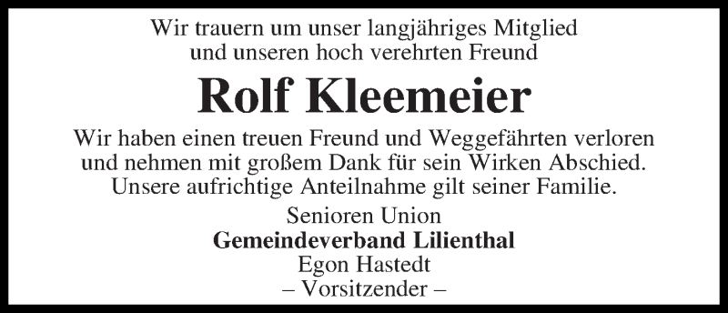  Traueranzeige für Rolf Kleemeier vom 26.09.2014 aus Wuemme Zeitung