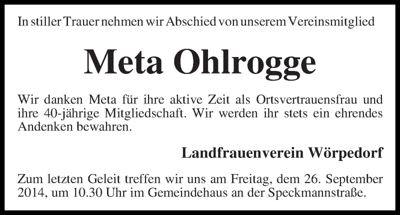 Traueranzeige von Meta Ohlrogge von Wuemme Zeitung