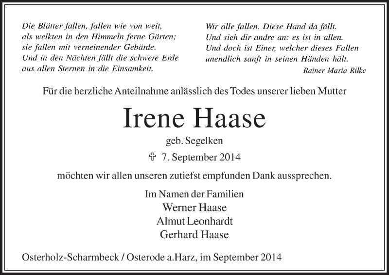Traueranzeige von Irene Haase von Osterholzer Kreisblatt