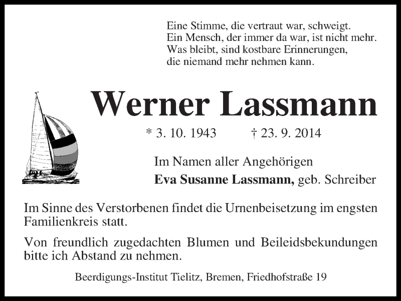 Traueranzeige von Werner Lassmann von WESER-KURIER