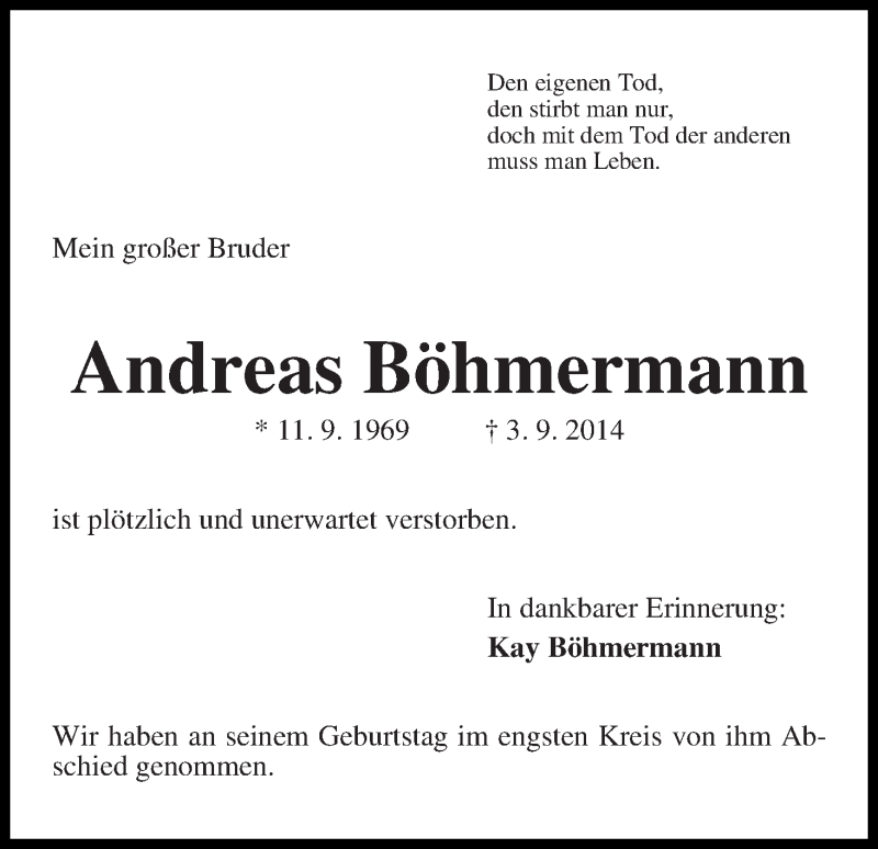 Traueranzeige von Andreas Böhmermann von Die Norddeutsche