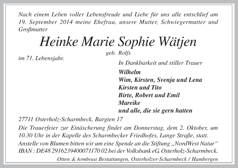 Traueranzeige von Heinke Marie Sophie Wätjen von Osterholzer Kreisblatt