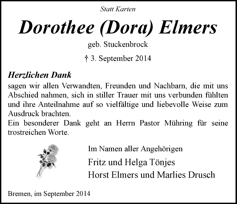Traueranzeige von Dorothee (Dora) Elmers von WESER-KURIER