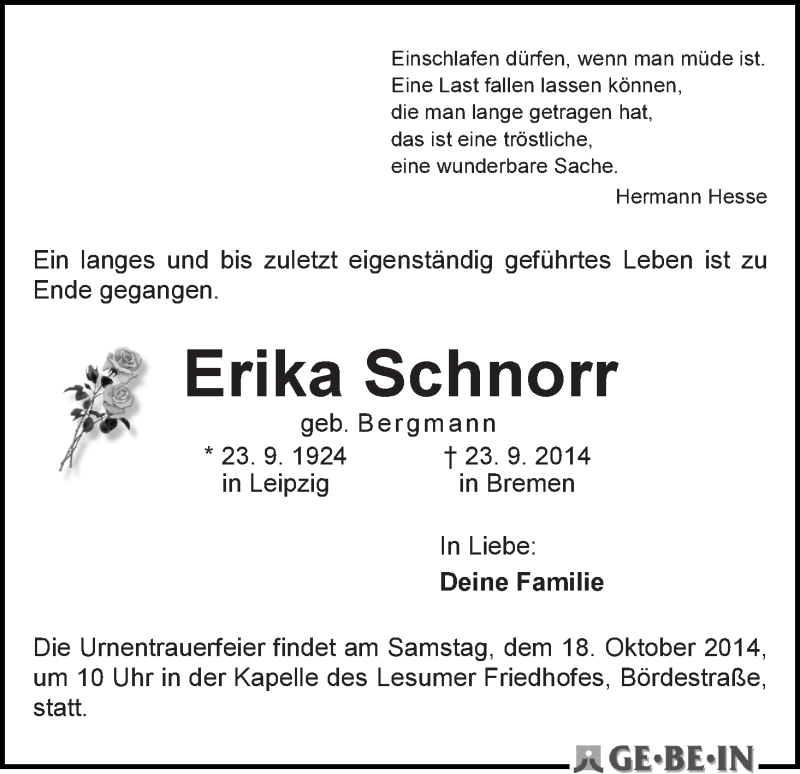  Traueranzeige für Erika Schnorr vom 15.10.2014 aus WESER-KURIER