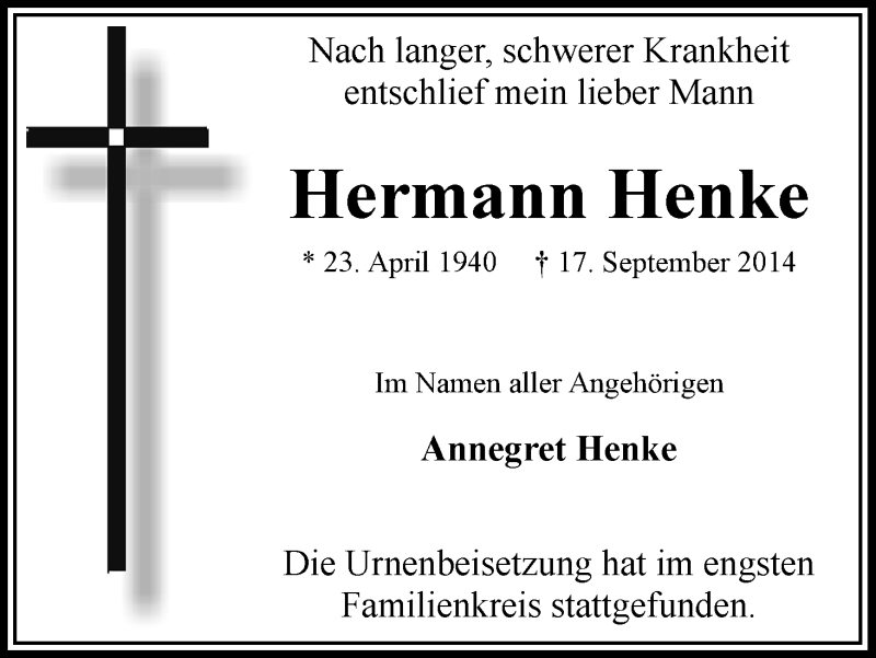 Traueranzeige von Hermann Henke von WESER-KURIER