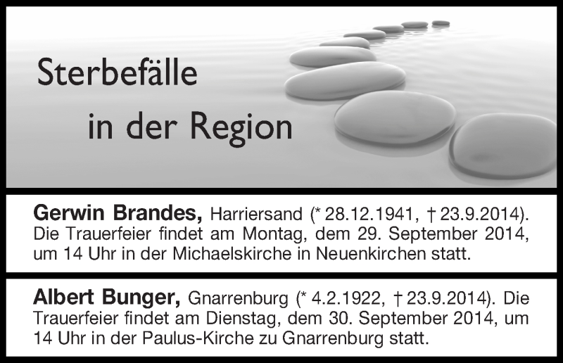 Traueranzeige von Sterbefälle 27.09.2014 Neuenkirchen, Gnarrenburg von Osterholzer Kreisblatt