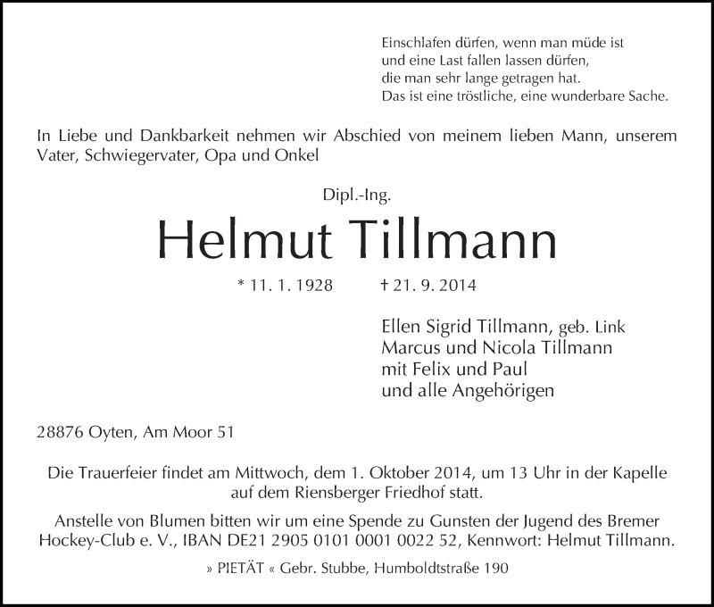 Traueranzeige von Helmut Tillmann von WESER-KURIER
