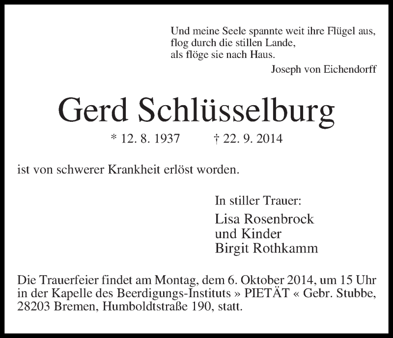 Traueranzeige von Gerd Schlüsselburg von WESER-KURIER