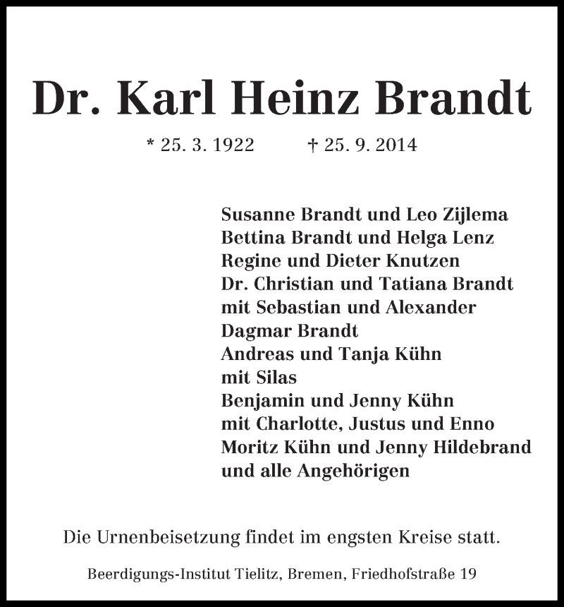 Traueranzeige von Karl Heinz Brandt von WESER-KURIER