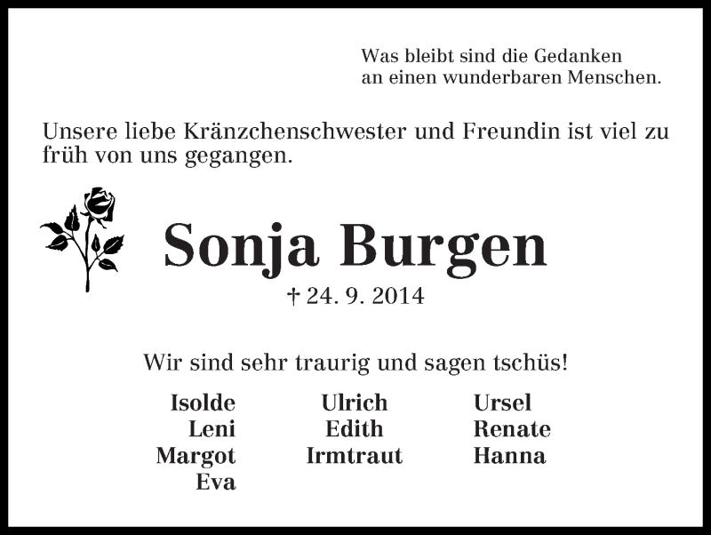 Traueranzeige von Sonja Burgen von Die Norddeutsche