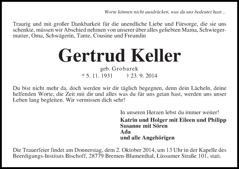 Traueranzeige für Gertrud Keller vom 29.09.2014 aus Die Norddeutsche