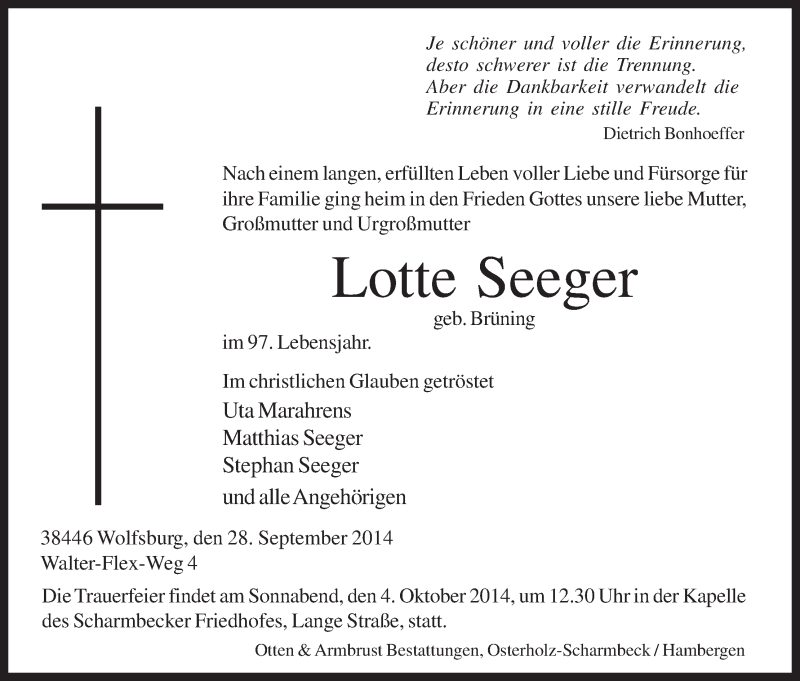 Traueranzeige von Lotte Seeger von Osterholzer Kreisblatt