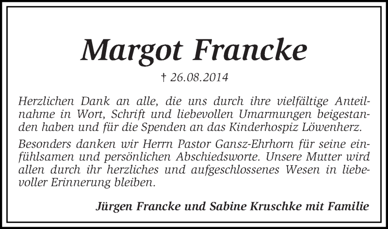 Traueranzeige von Margot Francke von WESER-KURIER