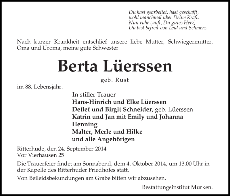 Traueranzeige von Berta Lüerssen von Osterholzer Kreisblatt