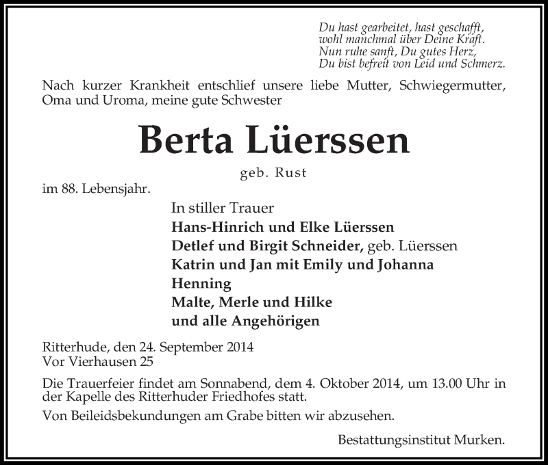 Traueranzeige von Berta Lüerssen von Osterholzer Kreisblatt
