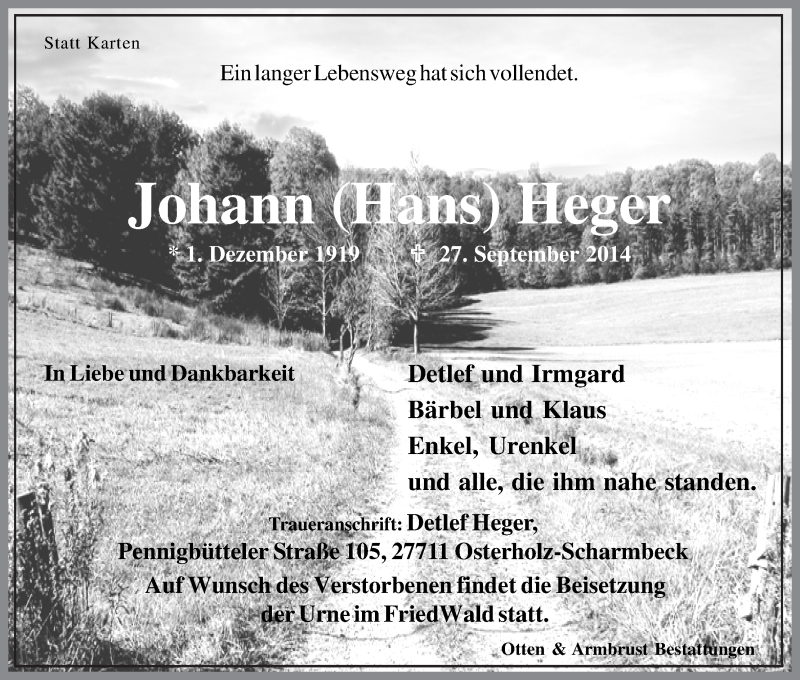 Traueranzeige von Johann Heger von Osterholzer Kreisblatt