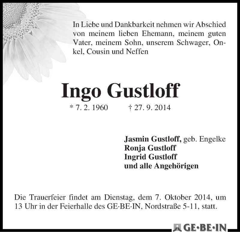 Traueranzeige von Ingo Gustloff von WESER-KURIER