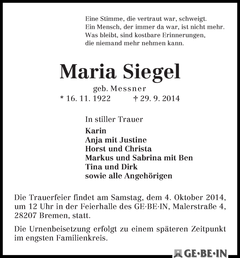 Traueranzeige von Maria Siegel von WESER-KURIER