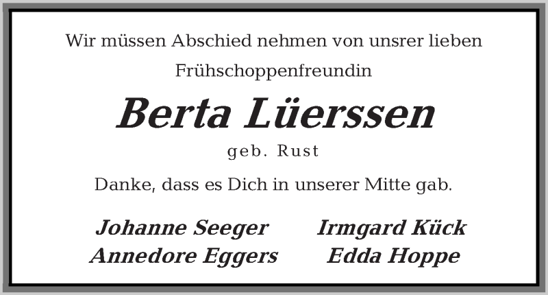 Traueranzeige von Berta Lüerssen von Osterholzer Kreisblatt