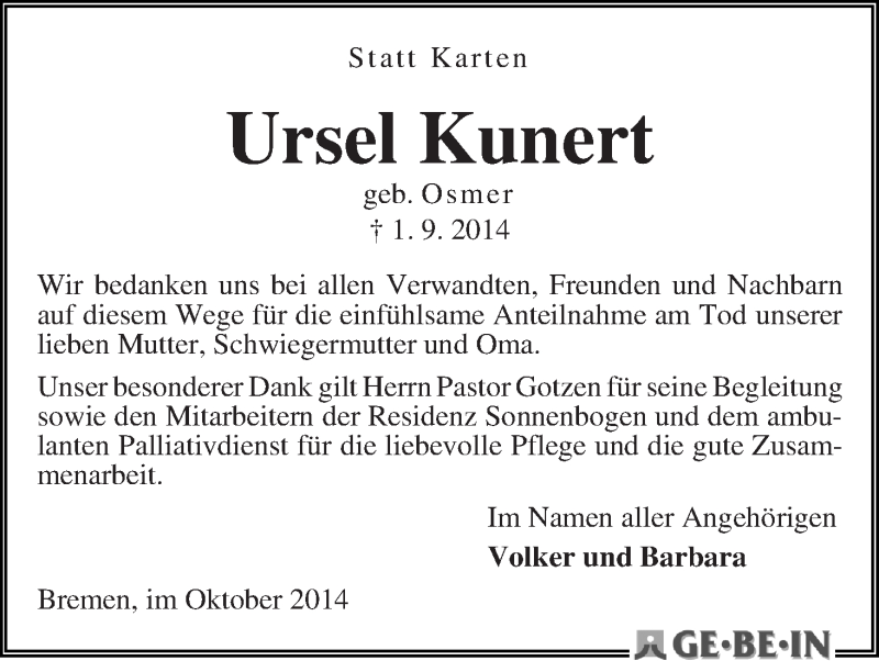 Traueranzeige von Ursel Kunert von WESER-KURIER