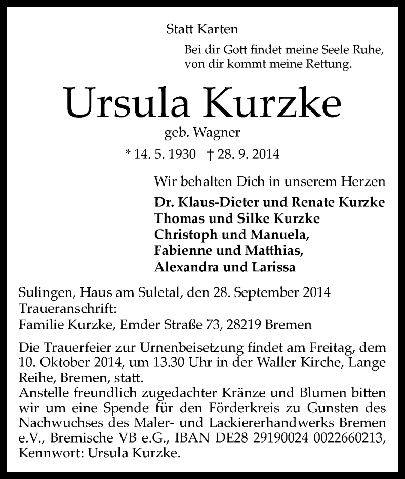  Traueranzeige für Ursula Kurzke vom 04.10.2014 aus WESER-KURIER