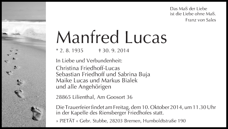 Traueranzeige von Manfred Lucas von Wuemme Zeitung