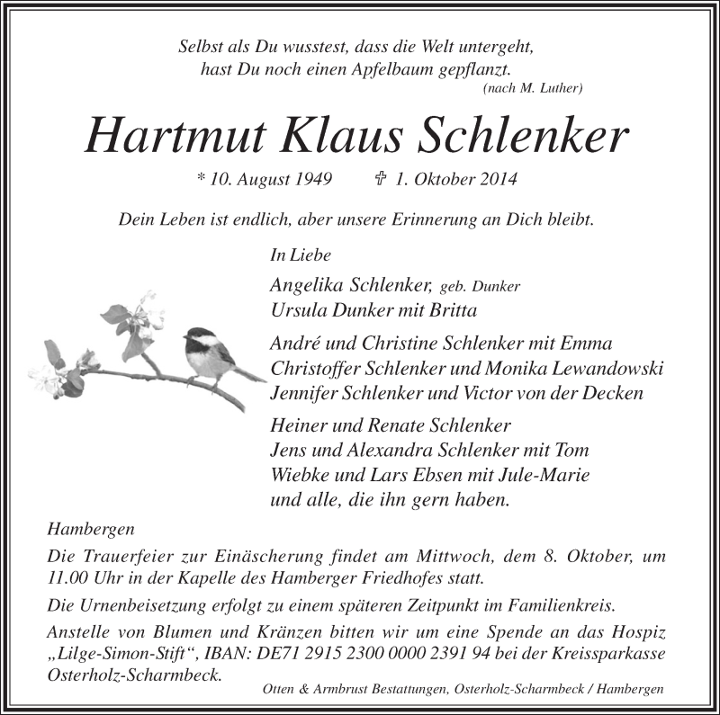 Traueranzeige von Hartmut Klaus Schlenker von Osterholzer Kreisblatt