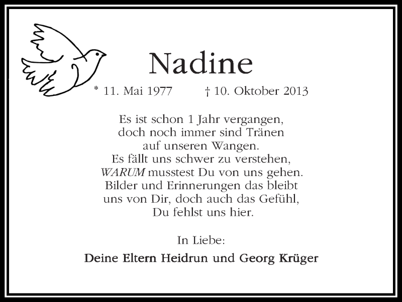 Traueranzeige für Nadine Krüger vom 10.10.2014 aus Die Norddeutsche