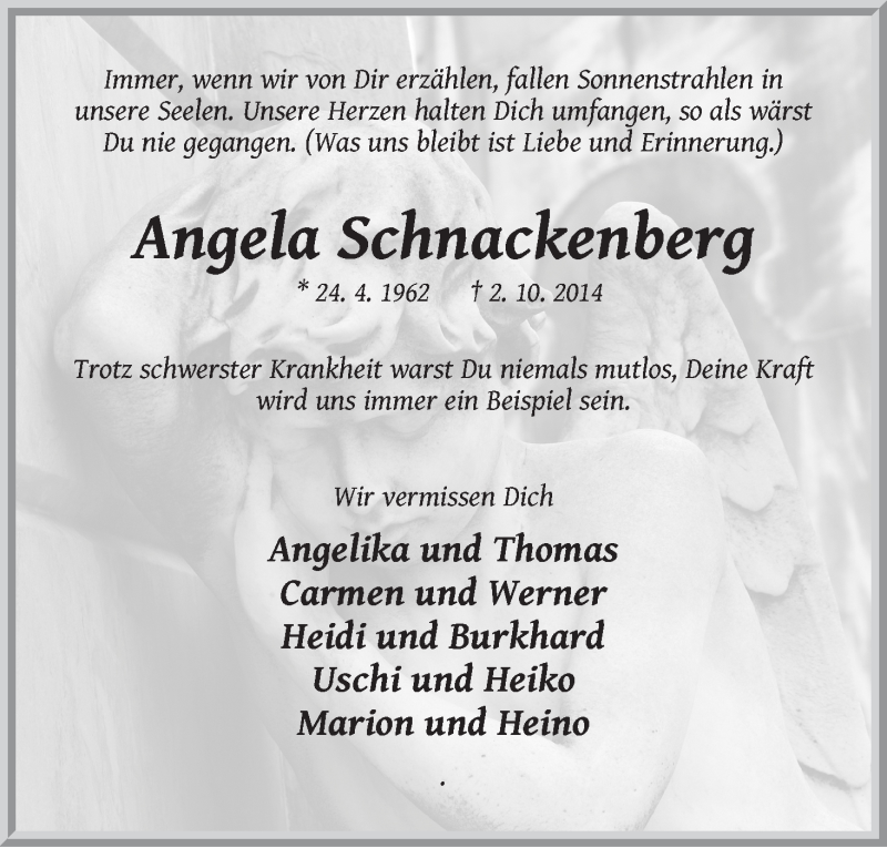  Traueranzeige für Angela Schnackenberg vom 07.10.2014 aus Wuemme Zeitung
