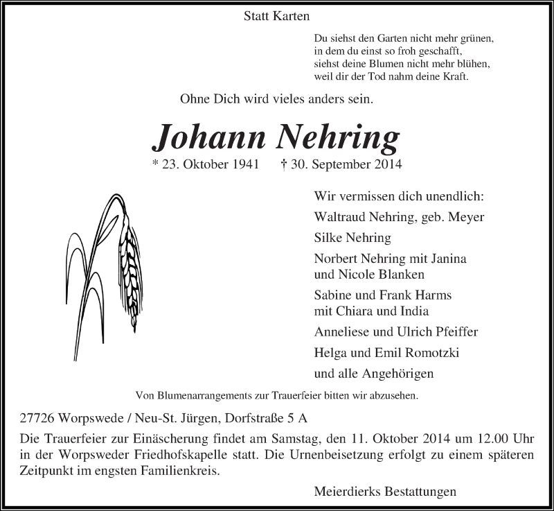 Traueranzeige von Johann Nehring von Wuemme Zeitung