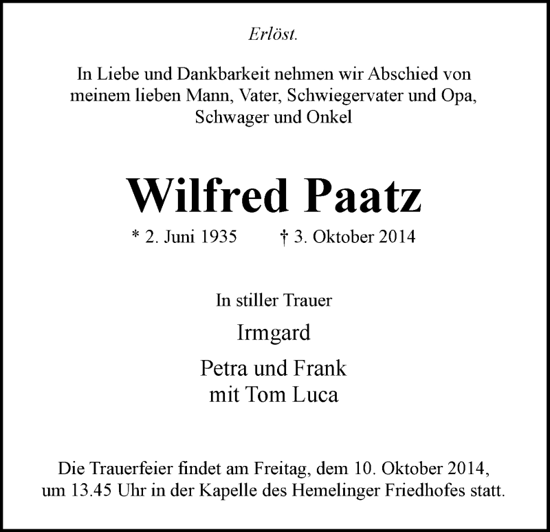 Traueranzeige von Wilfred Paatz von WESER-KURIER