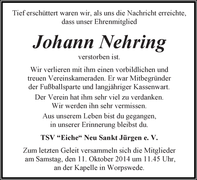 Traueranzeige von Johann Nehring von Wuemme Zeitung