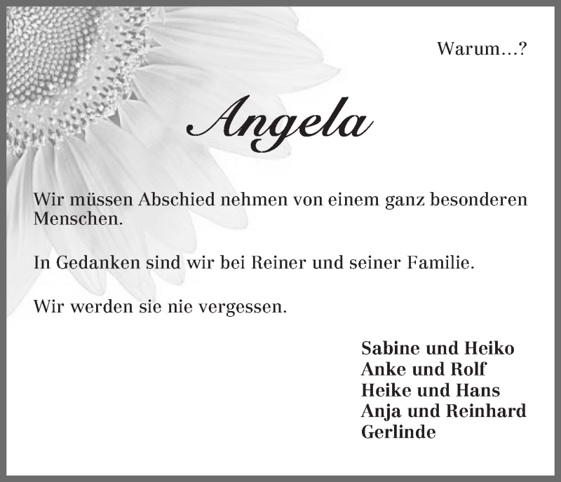  Traueranzeige für Angela Schnackenberg vom 07.10.2014 aus Wuemme Zeitung