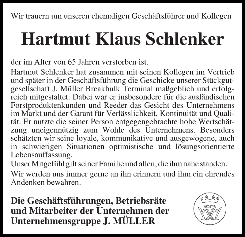 Traueranzeige von Hartmut Klaus Schlenker von WESER-KURIER